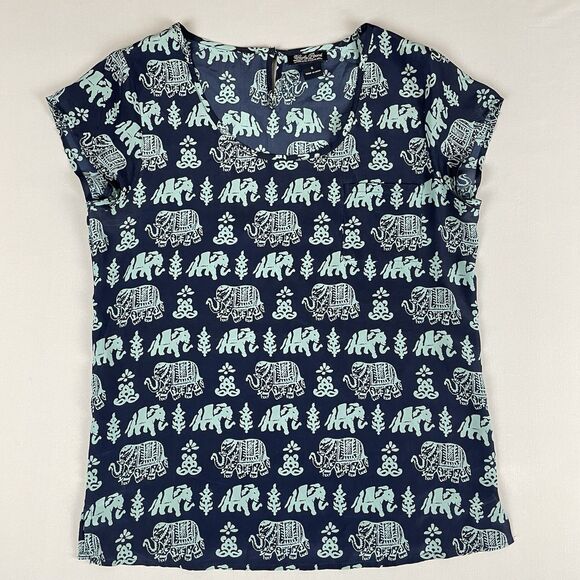 Lucky Brand Chiffon Short Sleeve Blouse Women's Small Blue Elephant Pattern Boho - Picture 1 of 13